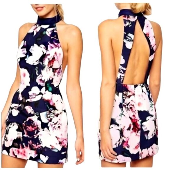 Finders Keepers Dress Women XS Blue Floral Print Halter Neck Illuminati Mini‎ - Picture 1 of 12